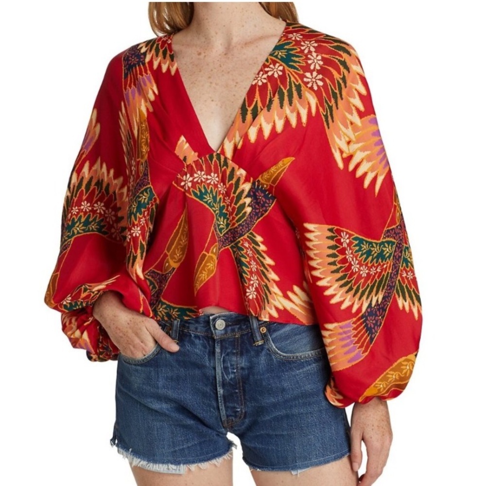 Farm Rio Wonderful Toucans Bell Sleeve Blouse Women’s Size Large in Red Multi